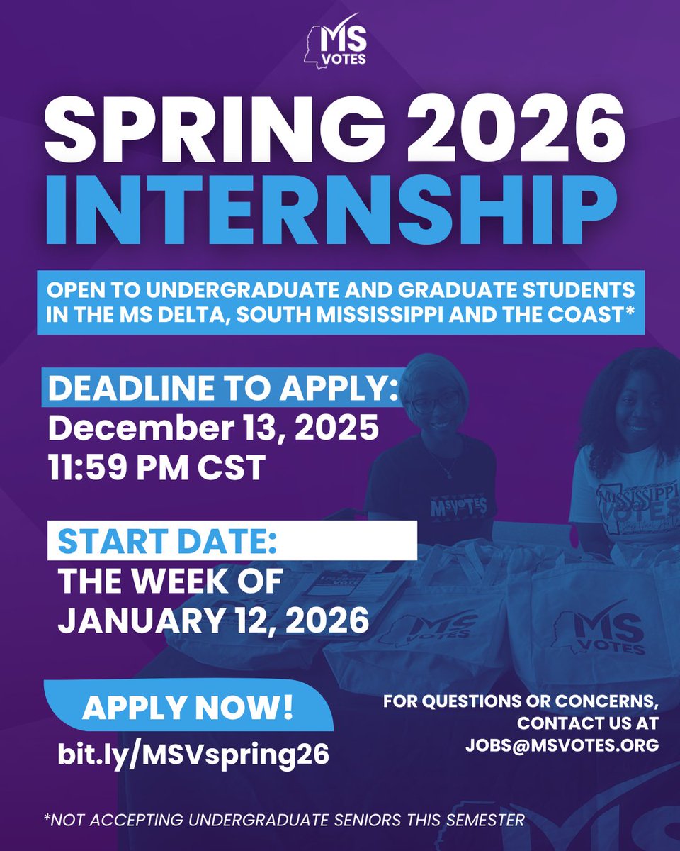 The MS Votes Spring 2026 Internship is now open!
If you’re an undergrad or grad student in the Delta, South MS, or the Coast, this is your chance to build skills, travel, and lead.

🗓 Deadline: Dec 13, 2025
👉🏾 bit.ly/MSVspring26
#MSVotes #Up2Us