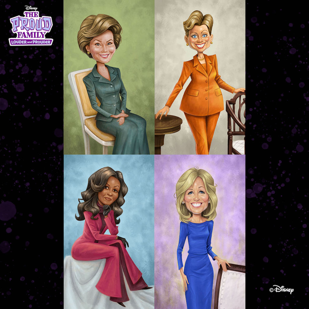 Here are some unused concept #caricature paintings I did of the First Ladies, #LauraBush, #HillaryClinton, #MichelleObama &amp; #JillBiden for #TheProudFamilyLouderandProuder S3.

Now streaming on #Disney+.
_
#LayronDeJarnette #Layron #CharacterDesign #ConceptDesign #Animation #Art