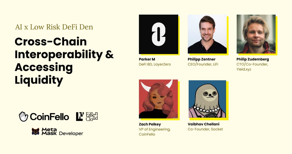 CoinFello's tweet image. Make sure you don&apos;t miss our &quot;Cross-Chain Interoperability &amp;amp; Accessing Liquidity&quot; panel on Wednesday. Moderated by Parker M (@layerzero_core) the panelists include @PhilippZentner (@lifiprotocol), @0xErmes (@yield_xyz), @vaibhavchellani (@SOCKETProtocol), and @0xPelkey…