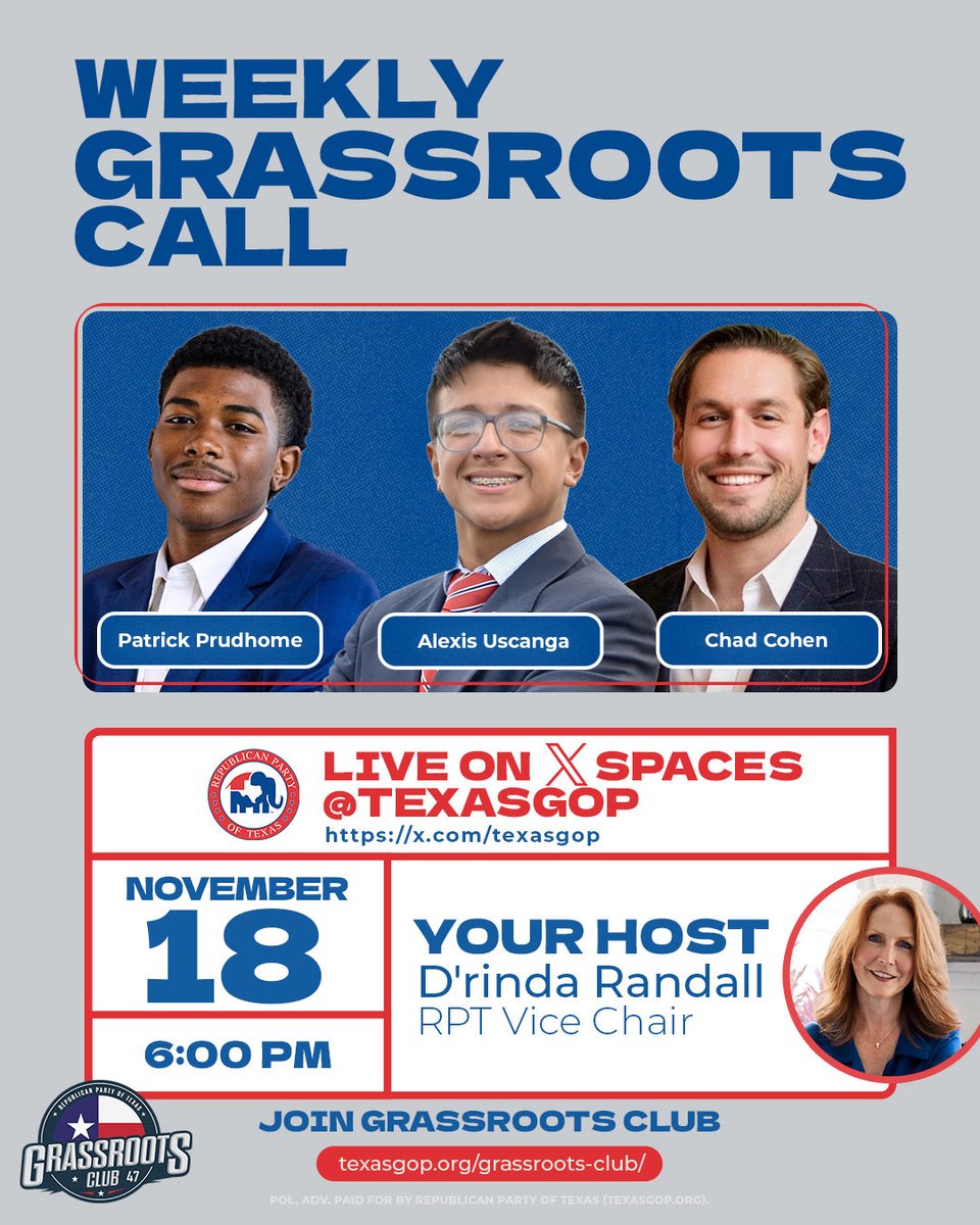 Excited to join ⁦<a href="/DrindaRandall/">Drinda Randall</a>⁩ tomorrow night to talk about ⁦<a href="/YRsOfTexas/">Young Republicans of Texas</a>⁩ &amp; ⁦<a href="/DallasYR/">Dallas Young Republicans</a>⁩!