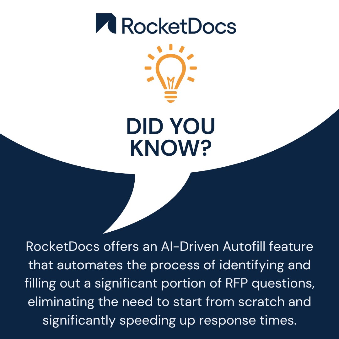 RocketDocs2's tweet photo. Responding to RFPs just got a serious upgrade. 🚀 

With RocketDocs’ you can automatically identify and complete a huge portion of your RFP questions!

How much time do you currently spend on repetitive RFP responses? Let us know below!

#RocketDocs  #RFPManagement #WinMoreBids https://t.co/1uQdxgLiW9