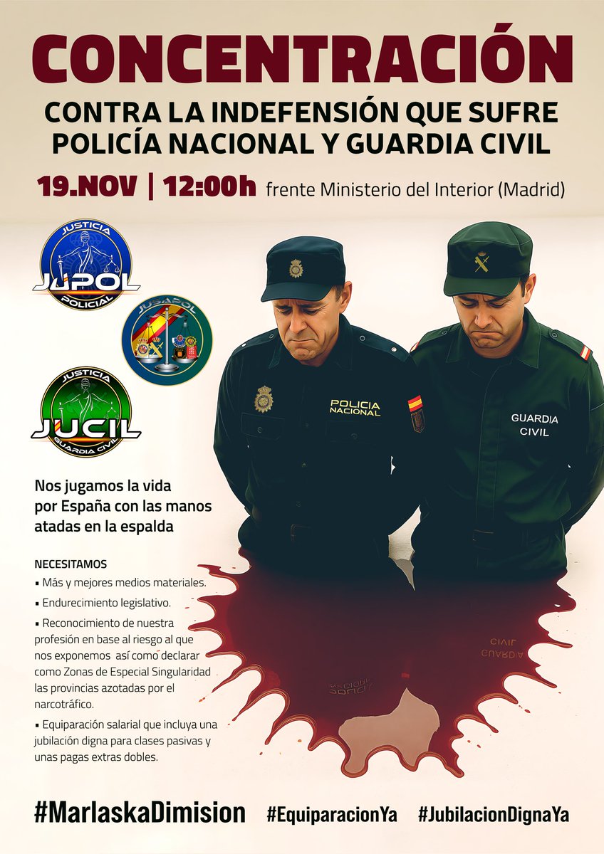 📢 MARLASKA NOS VA A OIR.

🗓️ Este miércoles #19Nov TE ESPERAMOS a las 12:00 horas frente Ministerio del Interior #Madrid.

🖐️ Si agreden a un compañero, nos agreden a todos 🇪🇦

¡BASTA YA DE TANTA INDEFENSIÓN!

🔊Asiste, DIFUNDE.

GRITEMOS todos juntos, #MarlaskaDimisión