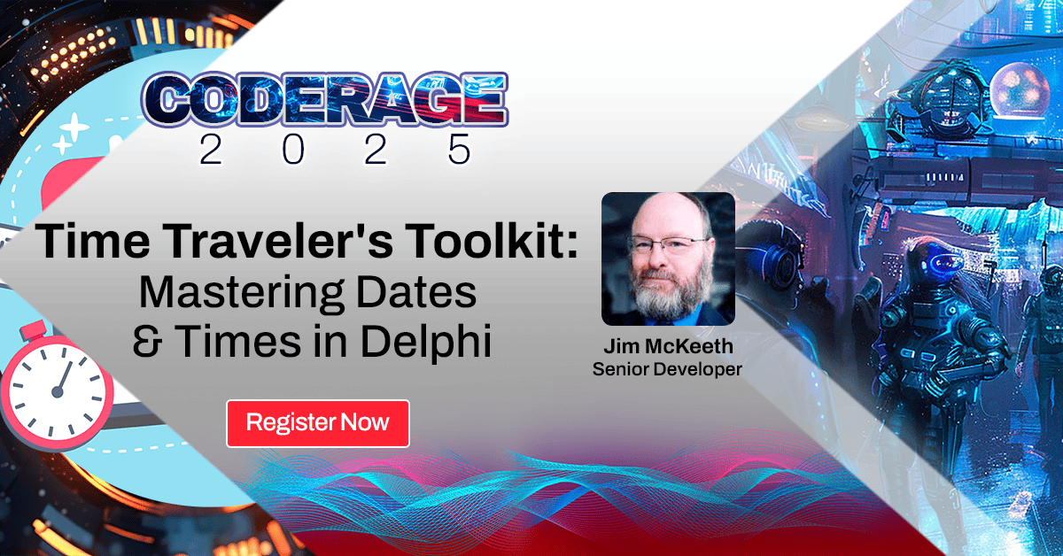 EmbarcaderoTech's tweet image. Level up your Delphi apps! ⏱️ Join Jim McKeeth to wield the Time Traveler’s Toolkit—leave Now() behind and master time with precision.

🎟️ SAVE YOUR SEAT: tinyurl.com/CodeRage-2025-… 

#CodeRage2025 #Delphi #developers #coding