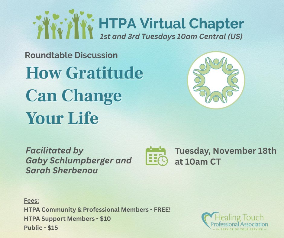 HTProgram's tweet image. 💛 Gratitude transforms energy &amp;amp; perspective.

Join our Nov 18 roundtable @ 10am CT: “How Gratitude Can Change Your Life”
w/ Gaby Schlumpberger &amp;amp; Sarah Sherbenou.

🧘‍♀️ Free for HTPA Members | Public $15
🎟 htpa.wildapricot.org/event-6405292

#HTPAEvents #HealingTouch #GratitudeHeals