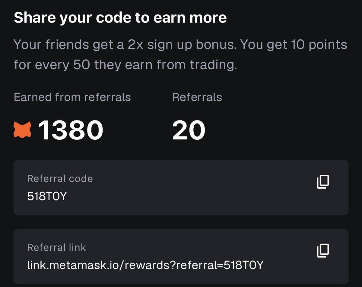 I appreciate the 20 of you who used my code. If you still haven’t signed up: you should! Quack #quack <a href="/MetaMask/">MetaMask 🦊</a>
