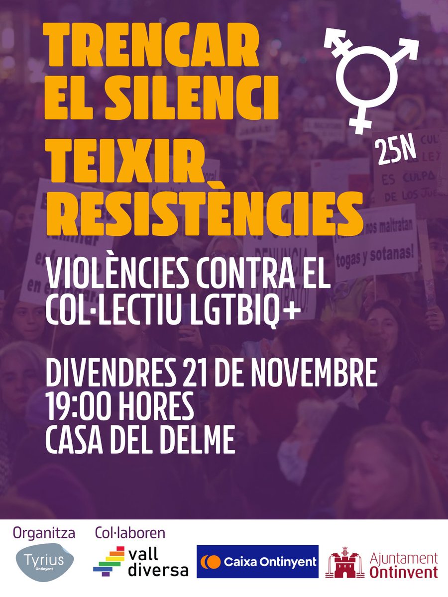 Ens veiem aquest divendres amb Tyrius Ontinyent per parlar de Violències LGTBIQ+, en el marc del 25N 🟣✊

Tractarem les violències dins i cap al col·lectiu, i la importància de teixir aliances entre lluites. La resistència és sempre interseccional 🟣🏳️‍🌈🏳️‍⚧️✊