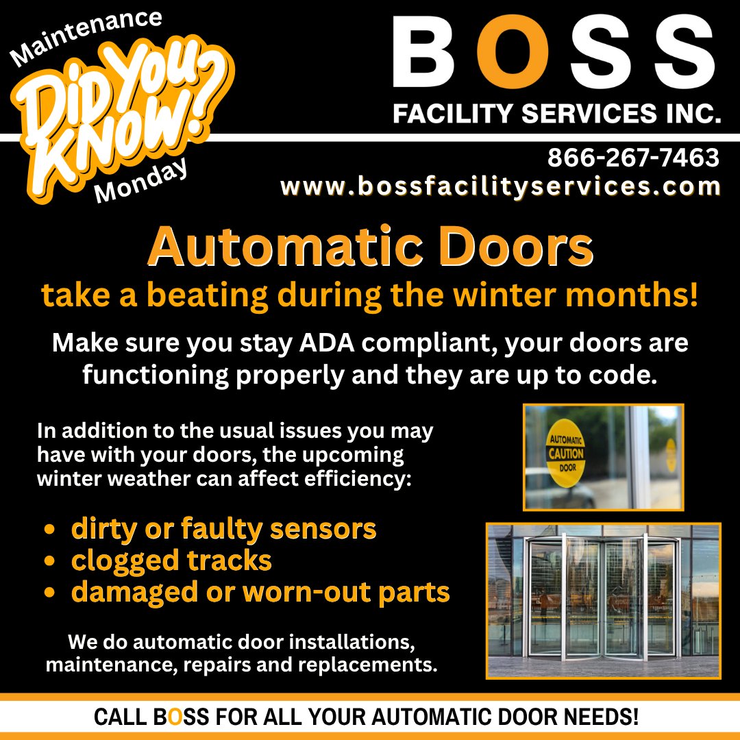 BOSSFSI's tweet image. Winter weather can wreak havoc on your automatic doors! From freezing sensors to slowed mechanisms, BOSS is here 24/7/365 to help you stay ahead of breakdowns with regular maintenance and inspections.
❄️🚪
#BOSS #BossFSI #WinterMaintenance #FacilityMaintenance #AutomaticDoors