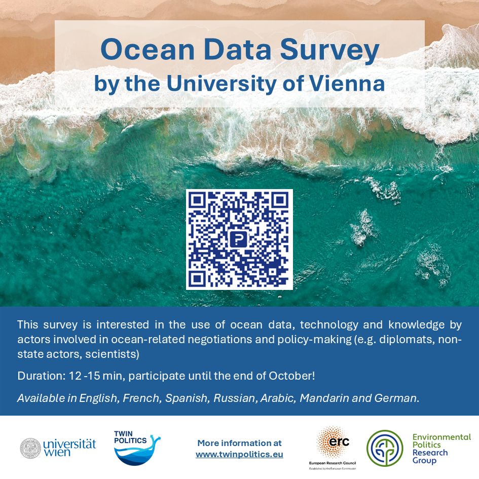 HighSeasAllianc's tweet image. Participate in the Ocean Data Survey from the Environmental Politics Research Group @univienna.

Targeting different ocean communities, they aim to anticipate the future uses, applications and challenges of technologies in international negotiations.

univie.questionpro.eu/a/TakeSurvey?t…