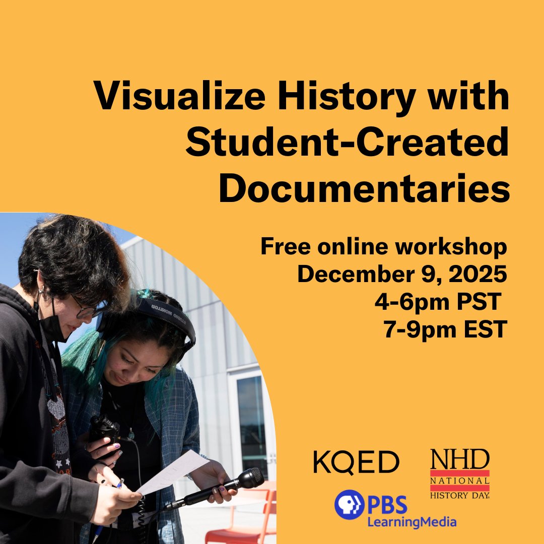 pbsteachers's tweet image. Help students bring the past to life—and amplify their voices. Join @NationalHistory, KQED &amp;amp; PBS LearningMedia for a workshop on integrating documentary filmmaking in your classroom. Get free tools, curriculum &amp;amp; resources: bit.ly/48fXf6Y