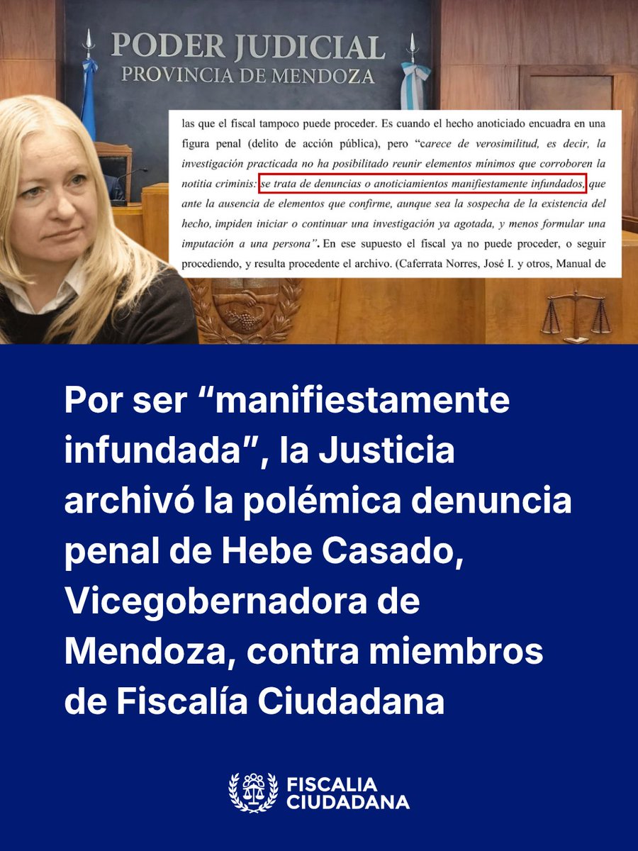 ⚠️ La Justicia archivó por “manifiestamente infundada” la denuncia penal impulsada por la Vicegobernadora Hebe Casado (<a href="/hebesil/">Hebe Casado</a>) contra miembros de Fiscalía Ciudadana

Los querellados Javier Alejandro Fernández (<a href="/JavierFer_ok/">Javier Alejandro Fernández</a>) y Marcos Adrián Neirotti (<a href="/AdrianNeirotti/">Marcos Adrián Neirotti</a>),