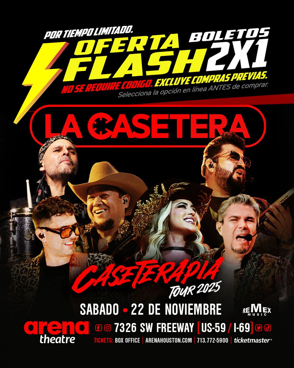 arenatheatre's tweet image. 🔥 Oferta Flash 2x1 🔥
@LaCaseteraMX llega a Houston con Caseterapia Tour 2025 y puedes aprovechar boletos 2x1 por tiempo limitado. Selecciona la opción antes de comprar.

🗓️ 22 nov
🎟️ bit.ly/3SlKv6b
📞 713-772-5900

#OfertaFlash #2x1 #LaCasetera