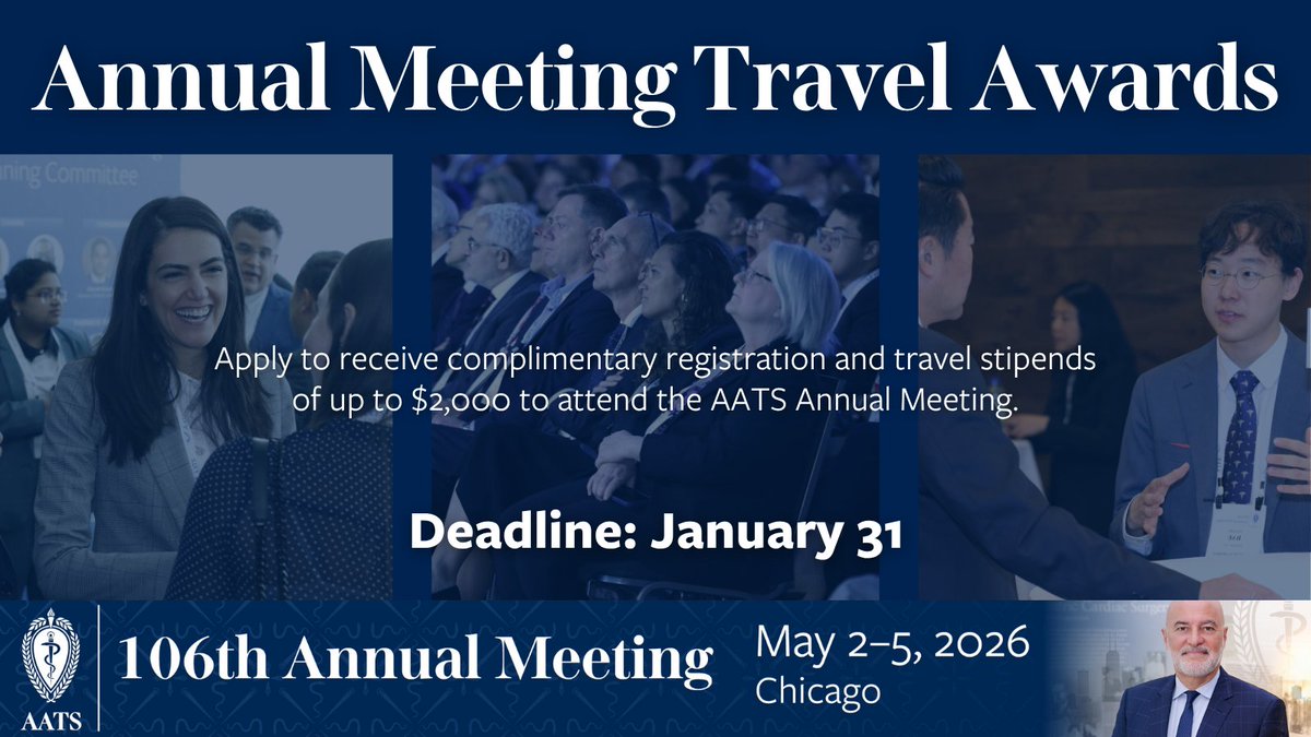 AATSHQ's tweet image. The #AATS2026 Travel Awards support North American and International surgeons across all career stages who are interested in attending the premier #cardiothoracic surgery meeting. Need funding to travel to Chicago? See details and apply by January 31: aats.org/foundation/ann…