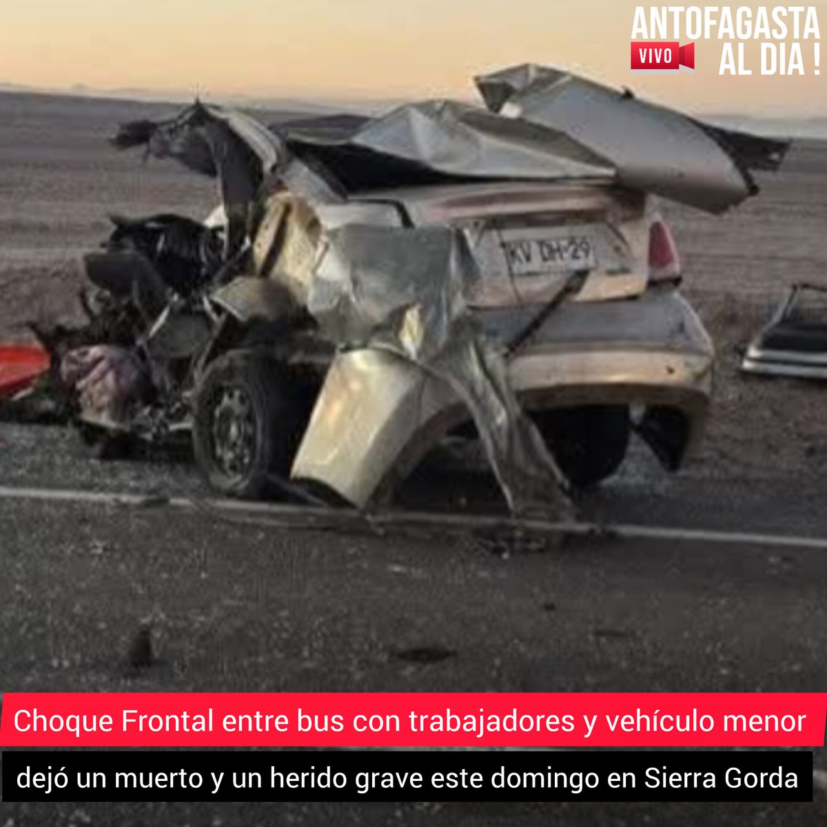 Un fatal accidente se registró la madrugada del domingo en la comuna de #SierraGorda, donde impactaron de frente un bus con trabajadores de Minera Centinela y un vehículo menor que dejó como saldo una persona fallecida y otra de gravedad. Las causas serán establecidas por la SIAT