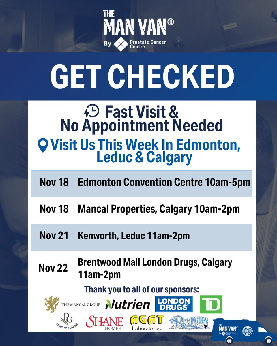 Come get your free PSA:
📍 Edmonton Convention Centre – 9797 Jasper Ave
Nov 18, 10am–5pm
📍 Mancal Properties – Suite 2400, 530 8th Ave SW (3rd Floor)
Nov 18, 10am–2pm
📍 Kenworth Leduc- 8202 42 St
Nov 21, 11am–2pm
📍 Brentwood Village Mall – 3630 Brentwood Rd NW
Nov 22, 11am–2pm