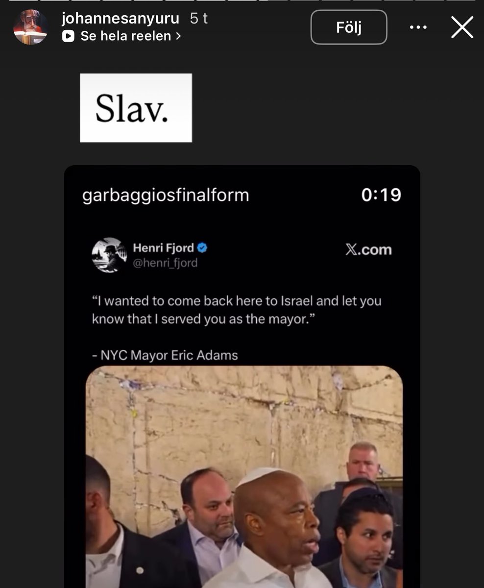 kurrejonsson's tweet image. Aftonbladets kulturskribent Johannes Anyuru kallar New Yorks borgmästare Eric Adams för slav när han besöker Israel.