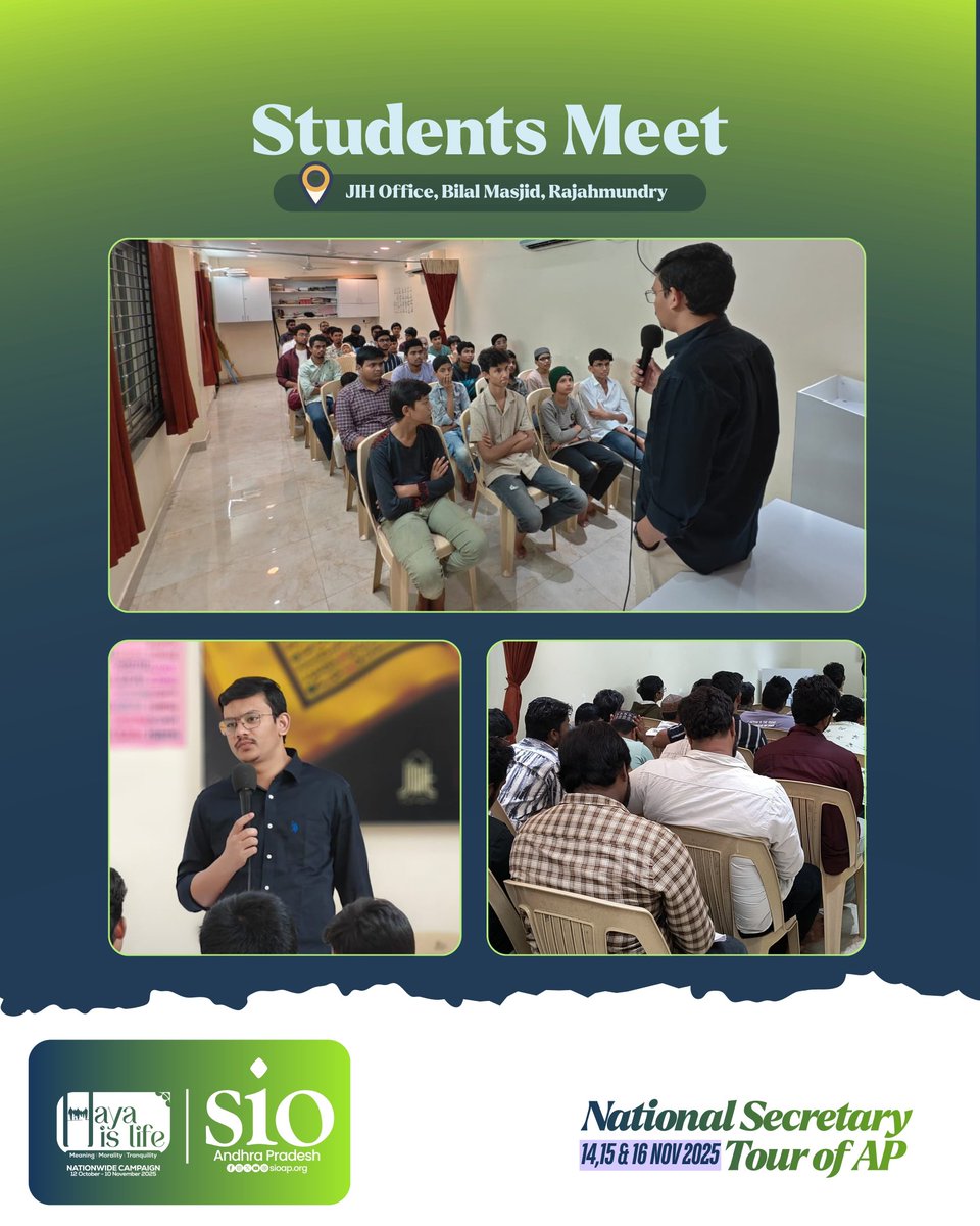 SIO_AP's tweet image. On the concluding day of his visit , Br. Atesam Hami Khan, National Secretary of SIO of India, wrapped up the 3-day tour with powerful reflections and inspiring guidance. This visit marked a meaningful step in strengthening the collective efforts of students  across the AP Zone.