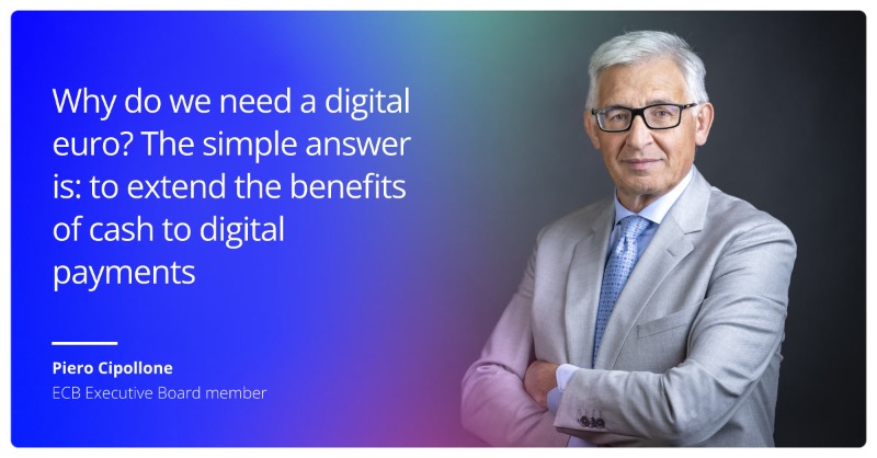 ecb's tweet photo. Executive Board member Piero Cipollone tackles four recurring questions about the digital euro, including why we need it, and explains why it is a vital step for Europe in today’s digital world.

@Europarl_en