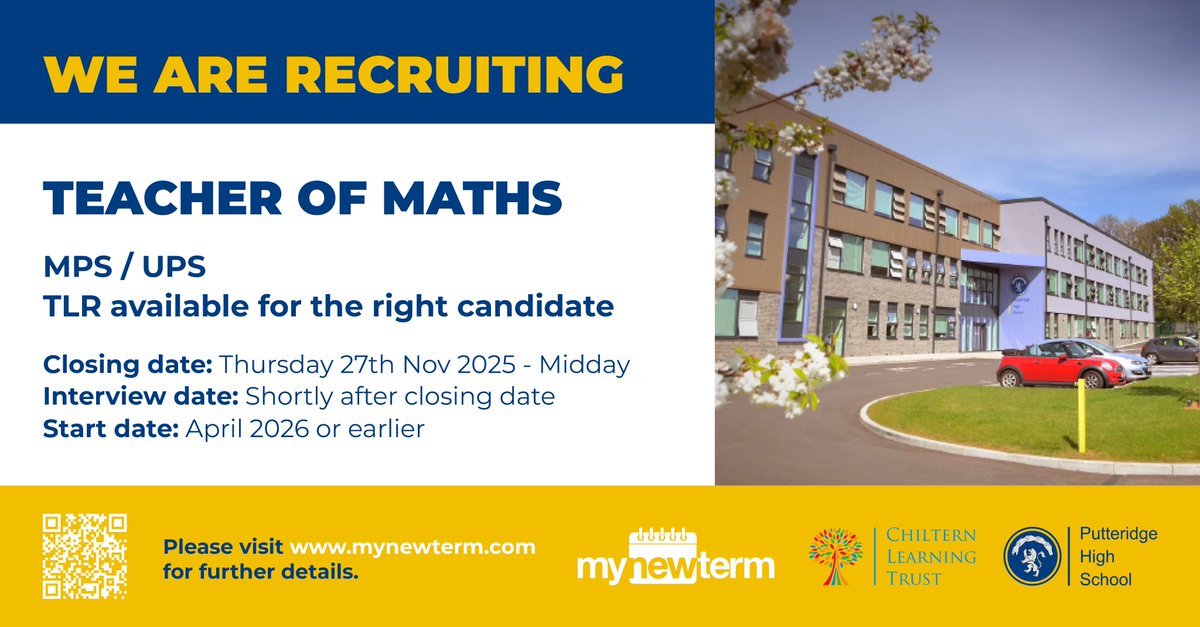 Two brilliant opportunities to join our teaching team at Putteridge High School!

📅 Applications close Thursday 27th November at midday
👉 Apply today via My New Term:

mynewterm.com/school/Putteri…