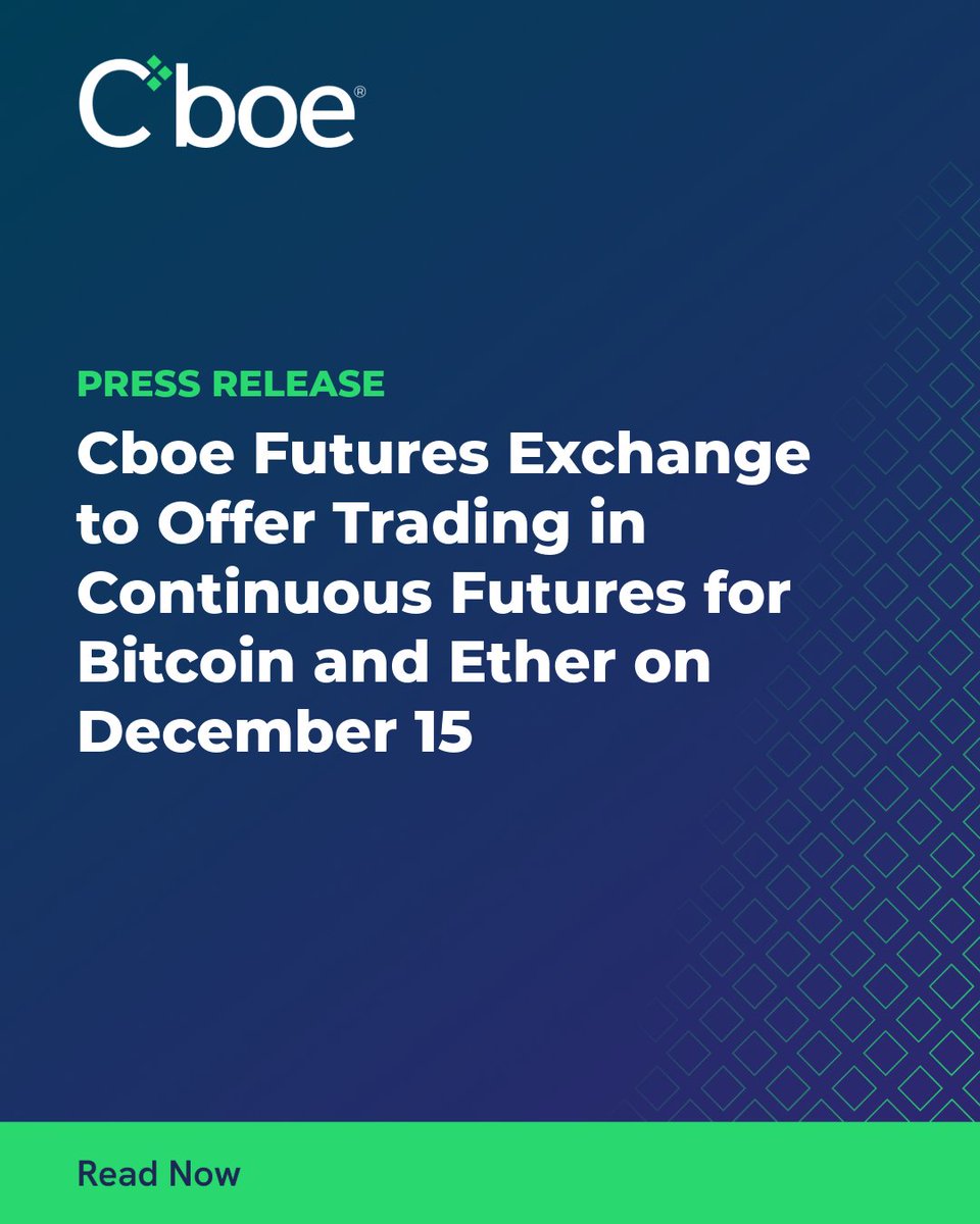 Cboe's tweet image. On December 15, Cboe will launch Continuous Futures for Bitcoin (#PBT) and Ether (#PET), bringing the benefits of perpetual-style exposure into a transparent, U.S.-regulated environment.

Learn more and prepare for trading: bit.ly/49klZMs