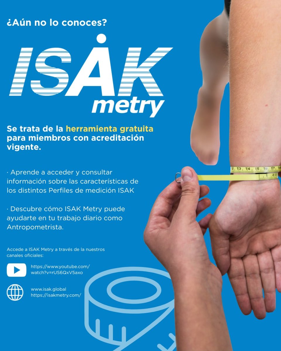 ¿Aún no conoces ISAK Metry?

La herramienta gratuita para miembros con acreditación vigente.

📊 Consulta perfiles de medición y mejora tu trabajo diario como antropometrista.

👉 isakmetry.com

#ISAK #ISAKMetry #Cineantropometría #ISAKGlobal