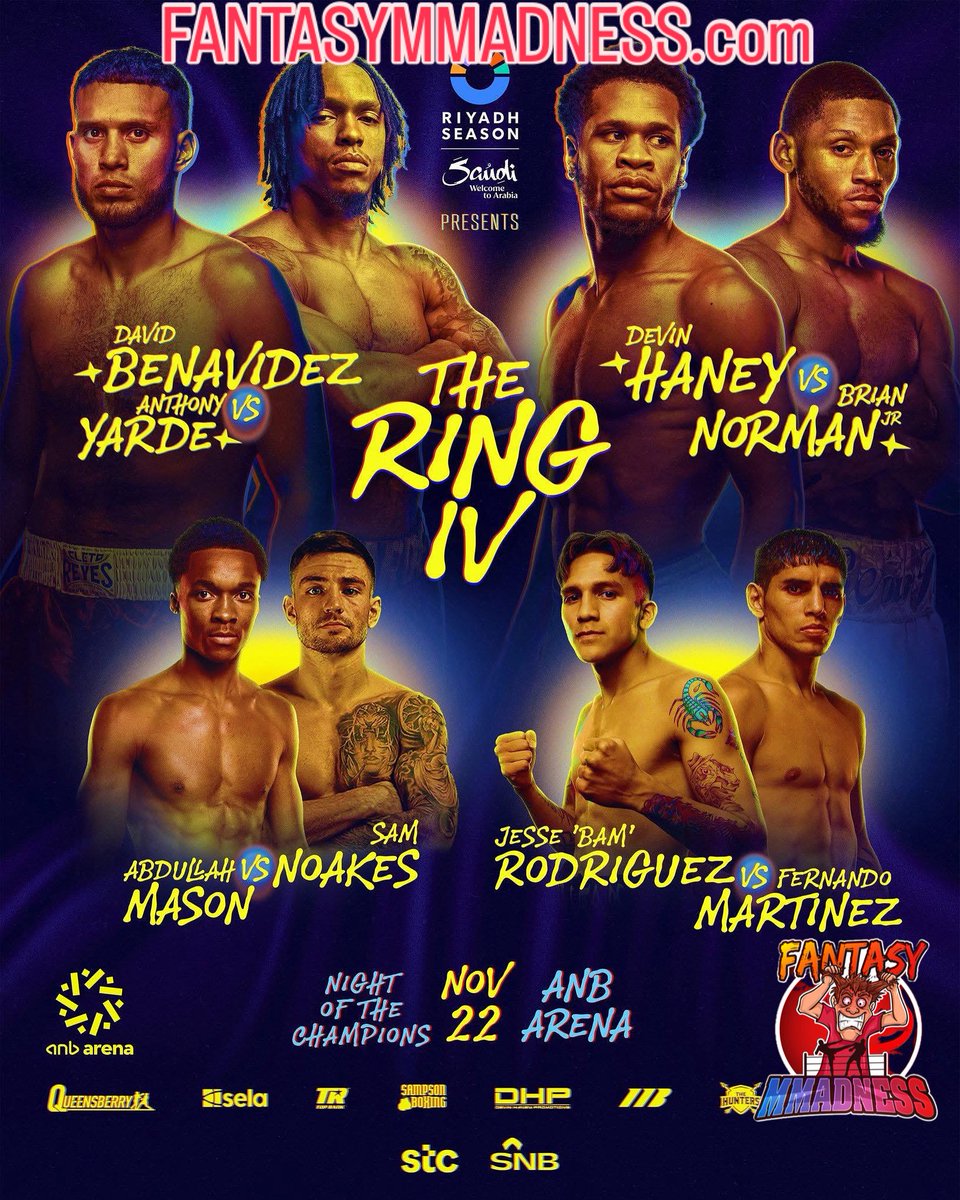 NOV 22 — DUBAI / RIYADH MEGA CARD 🔥🥊
Benavidez vs Yarde.
Haney vs Norman Jr.
Mason vs Noakes.
Champions ONLY.
Make your picks NOW on FANTASY MMADNESS — punch counts, body shots, KOs, survival points.
This card is going to be CRAZY. 🌍🔥
#RiyadhSeason #Boxing #FightNight