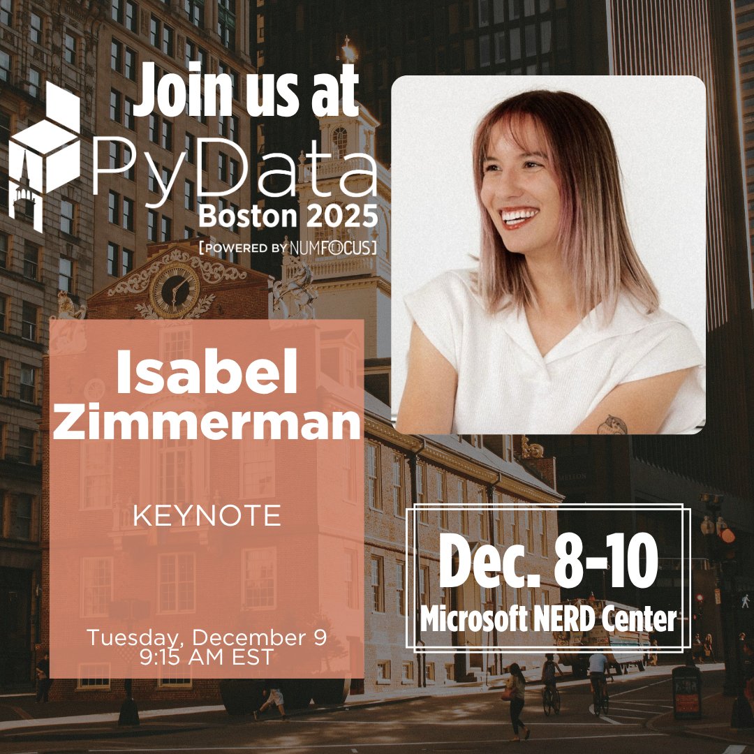 PyData's tweet image. PyData Boston 2025’s first speaker spotlight: KEYNOTE Isabel Zimmerman!

Isabel Zimmerman is a builder, specializing in data science tools, giving whimsical technical talks, and chatting about new open source projects. She is currently working on the Positron IDE, focusing on the…