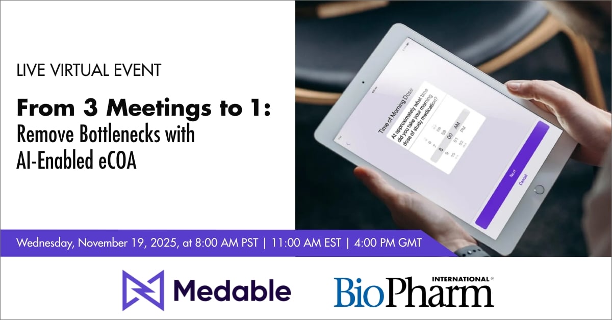 Join this demo webinar to see how AI-enabled eCOA is already helping sponsors cut build time from weeks to a single day, accelerate translations by 75%, and win back 6 weeks per trial. Smarter, faster, proven—see it live! <a href="/medableinc/">Medable</a> Register Now: hubs.li/Q03Tf0C20