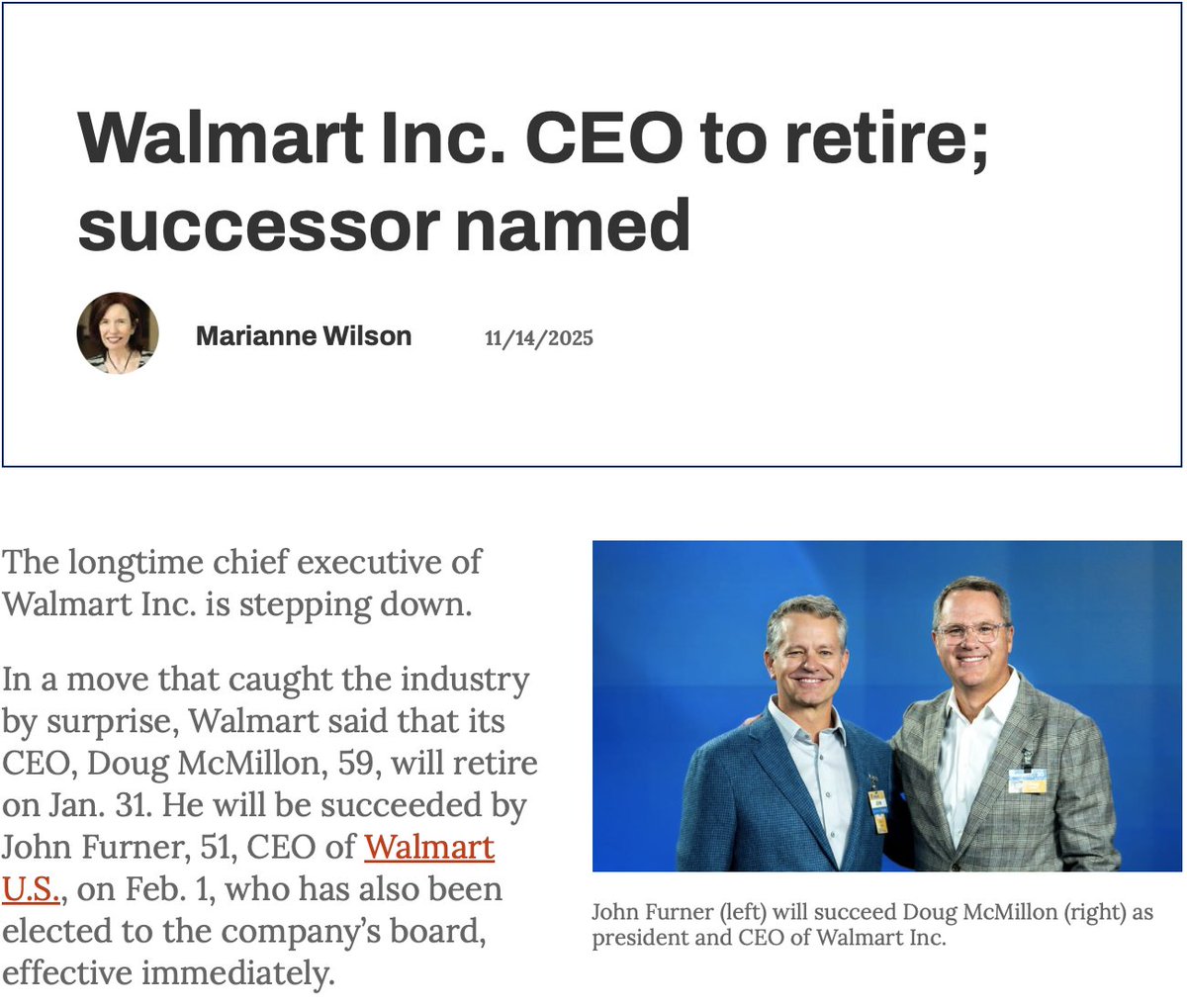 McMillon, who is credited with turning Walmart into a tech-driven retail powerhouse, has served as president and CEO of the company since February 2014.  Under his watch, Walmart's shares have surged more than 300% amid rising sales and profitability.
hubs.ly/Q03TqY1D0