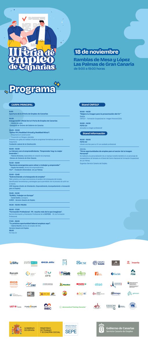 ICASELcanarias's tweet image. Mañana 18 de noviembre te esperamos en la II Feria de Empleo de Canarias, a celebrar en las Ramblas de Mesa y López, de 9:00 a 19:00 h
#IIFeriaEmpleoCanarias #SCEmpleo #TurismoGobcan
