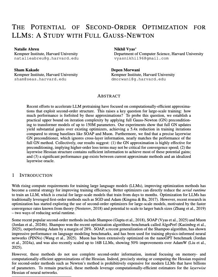 #9 - 二阶优化在LLM中的应用潜力:基于全高斯-牛顿法的研究
链接 - https://t.co/wlkpXHz4sf
该论文表明,如果使用实际的高斯-牛顿曲率而不是大家使用的简化近似值,则可以显著加快 LLM 的训练速度:与 SOA