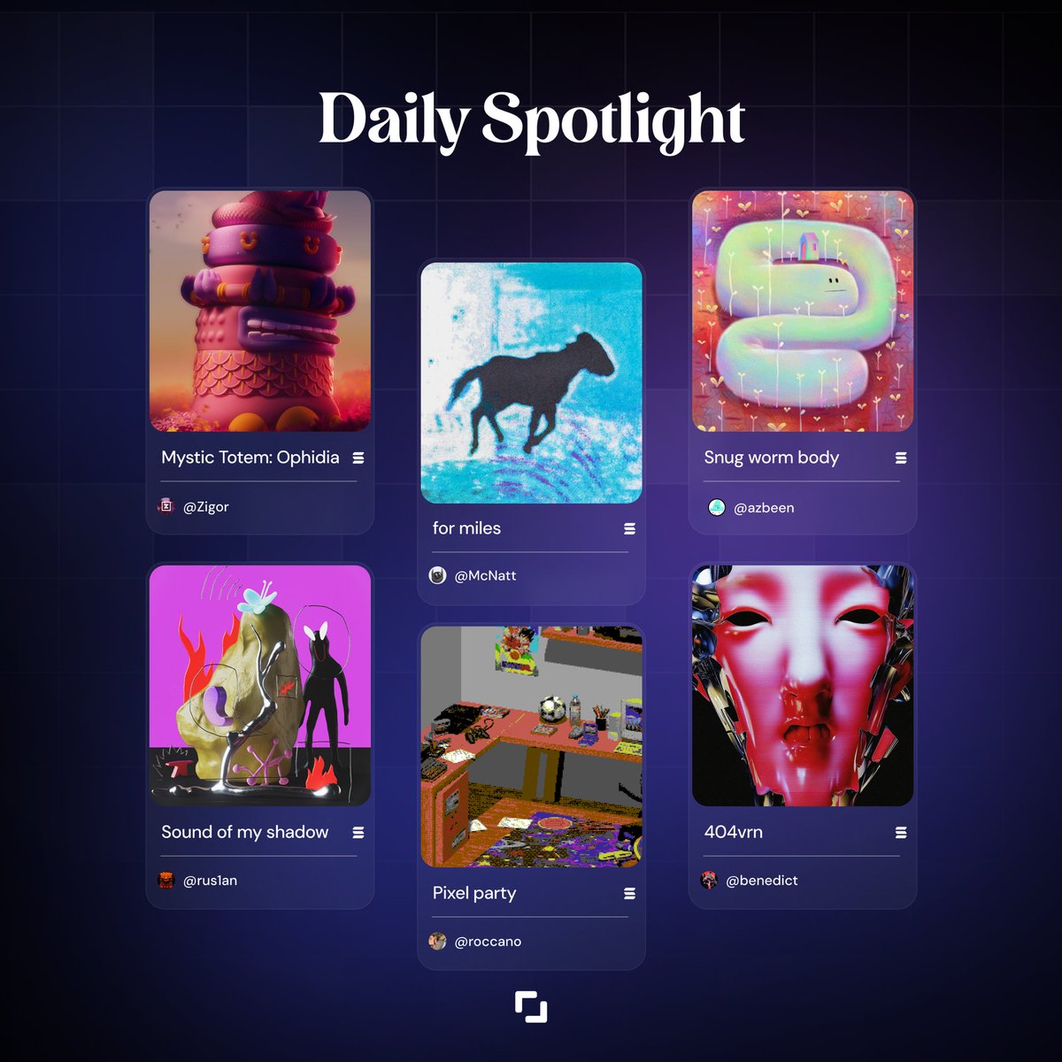 Today’s Spotlight drifts between 3D worlds; from playful totems and pixel-soaked chaos to dreamlike silhouettes and glitch-born faces.

Each piece hums with its own strange magic, turning oddity into wonder &amp; imagination into a place you can step inside!