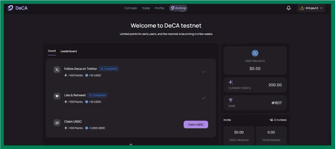 0xjayn3's tweet image. Another free airdrop tasks to do 🪂 

Cost : 0$

@deca_trade is the first fully on-chain dApp that lets users team up to DCA into perp positions.
Airdrop is confirmed, so here’s how to position👇🏽

🪭How to start:
Go to: app-test.deca.trade/?ref=deca_y3ql…

➤ Sign in with your X account
➤…