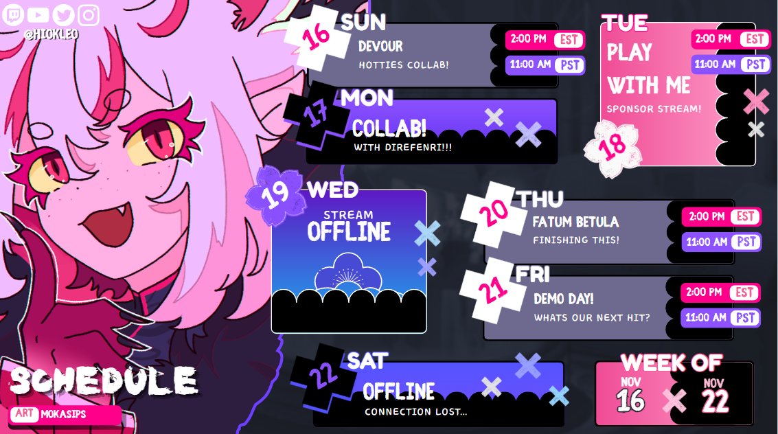 🎟️WEEKLY SCHEDULE NOV 16 - NOV 22🎟️

Monday collab with <a href="/DireFenri/">Fenri 🔥🖤 HellHound</a> on his stream with some PEAK!
Tuesday we got a fun puzzle game sponsor!
Make sure to tune in this week for some amazing horror and laughs!