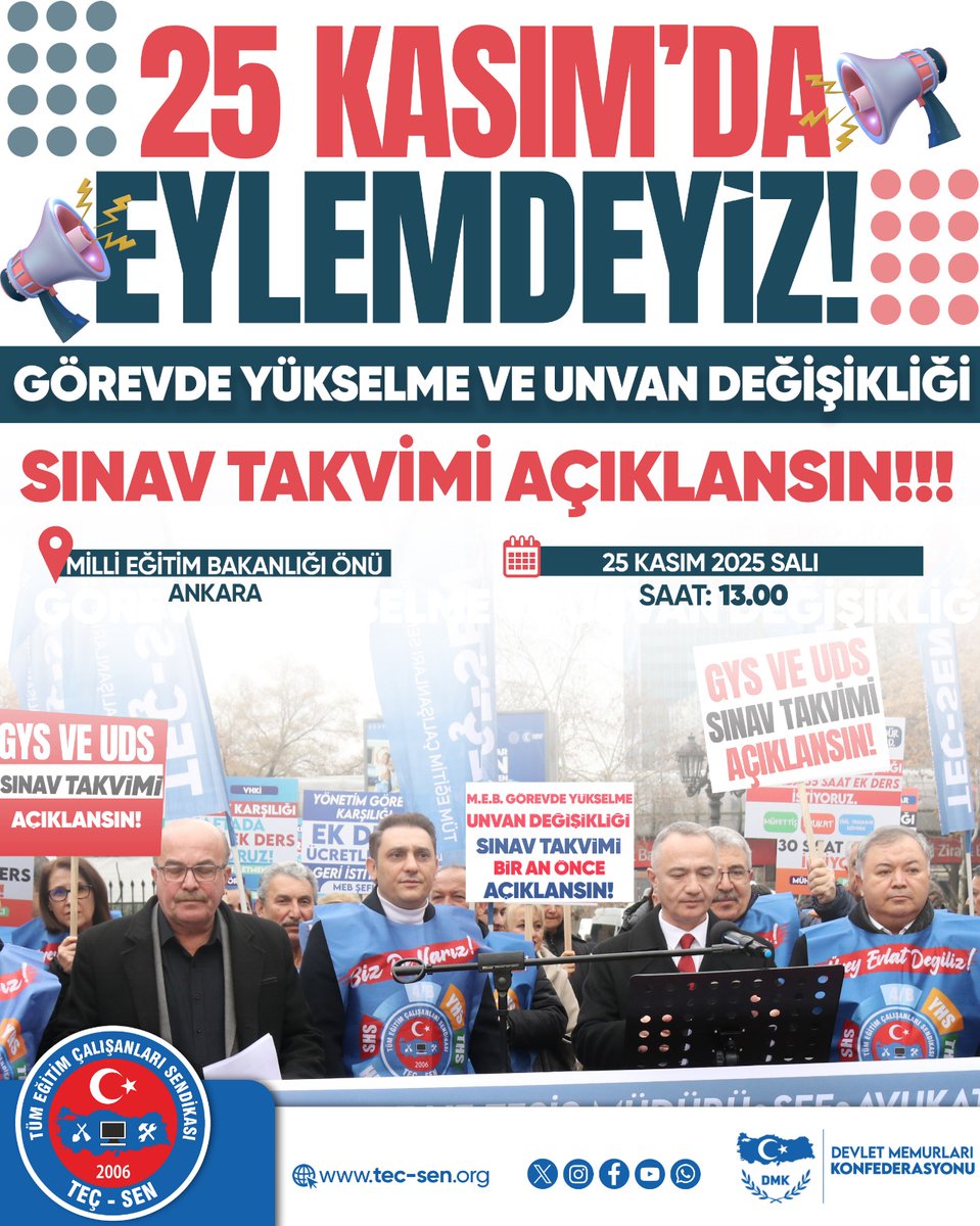 📢25 Kasım’da EYLEMDEYİZ!!!!

👉M.E.B. Görevde Yükselme ve Unvan Değişikliği Sınav Takvimi Bir An Önce Açıklansın!!

👉Eğitim Çalışanlarının Bu Haklı ve Zorunlu Talebinin Duyulması İçin,

🗓️25 Kasım 2025 Salı Günü
🕟 Saat: 13.00’da 
📍Milli Eğitim Bakanlığı Önündeyiz!!!

Tüm