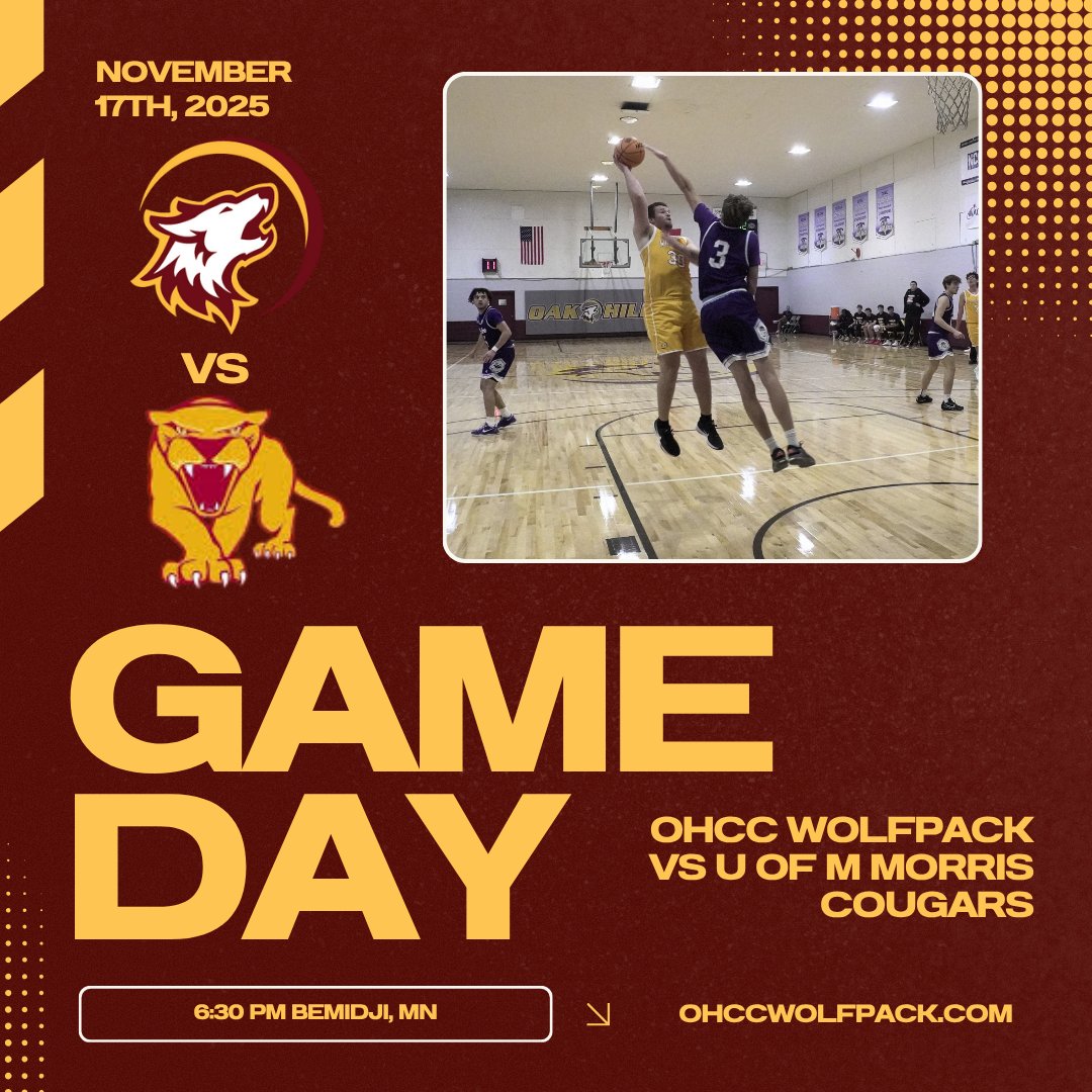 OHCC_Wolfpack's tweet photo. GAME DAY 🐺🏀

The OHCC Wolfpack take on U of M Morris TONIGHT!

📅 Nov. 17, 2025
⏰ 6:30 PM
📍 Bemidji, MN
Can’t be there? Watch LIVE 🎥👇
🔗 https://t.co/fF8nB6RrQw
Let’s go Pack! 💛❤️
#GoWolfpack #OHCCAthletics #GameDay https://t.co/TSWpQVJpo0