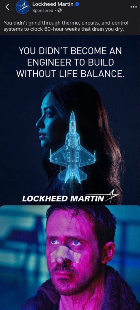 JTLonsdale's tweet image. Please do NOT come work for any company I have founded or am investing in if this LMT pro-mediocracy ad appeals to you.

We are deterring our adversaries to save millions of lives, and reshoring to build the next American century. Not whatever this is.