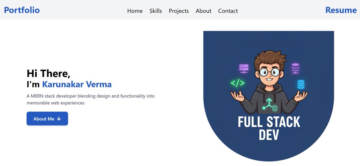 karunakar_kv_10's tweet image. “Just completed my personal portfolio website! 🚀
Super excited to finally showcase my projects and journey. More updates coming soon! 👨‍💻✨”

Check it out here: 
portfolio-wine-six-38.vercel.app

#ITJobs #DevCommunity #mernstackdevelopers #JavascriptDevelopers