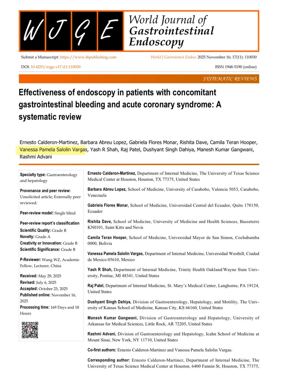 VanessaSalolin's tweet image. Proud to share our new publication:
“Effectiveness of endoscopy in patients with concomitant GI bleeding and acute coronary syndrome: A systematic review.” 🩸

🔗: dx.doi.org/10.4253/wjge.v…

#GITwitter #WomenInGI @AmCollegeGastro