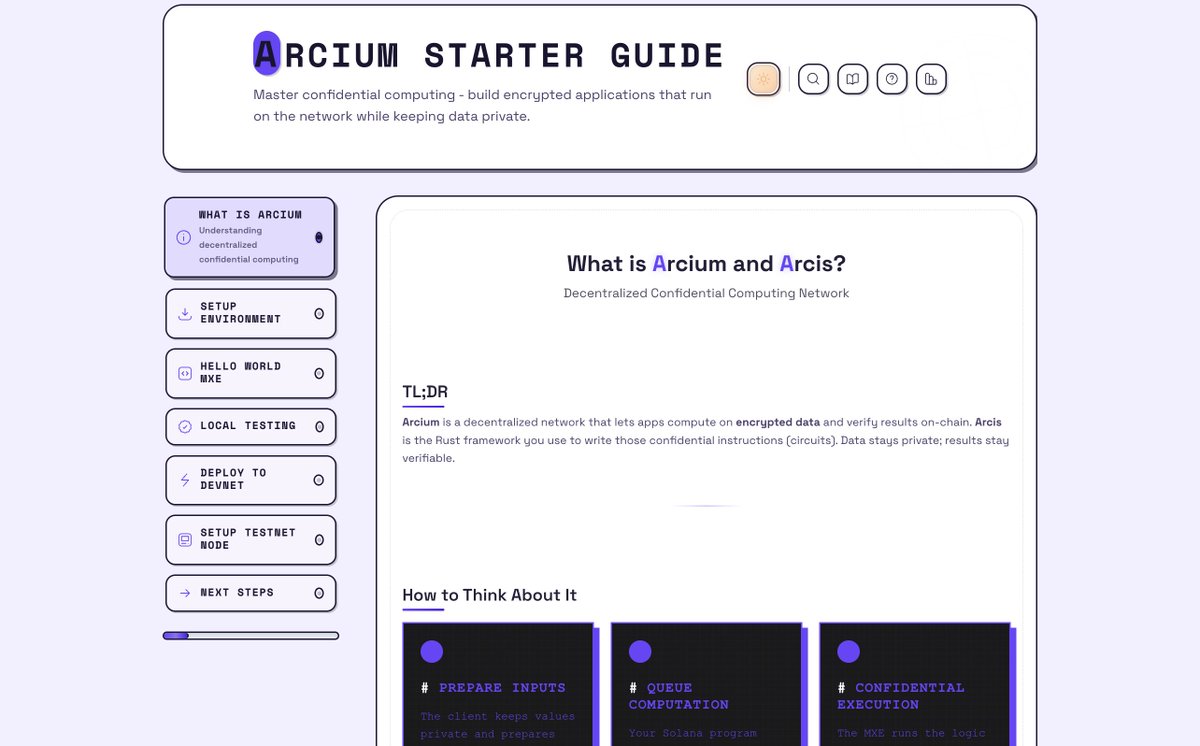 Arcium's tweet image. Arcium Learn is live! Built by the great @p0k_p0k.

Your new home for understanding Arcium from the ground up — from understanding the architecture to writing your first encrypted app.

Dive into interactive explainers, automatic node setup, hands-on guides, and more ↓↓↓