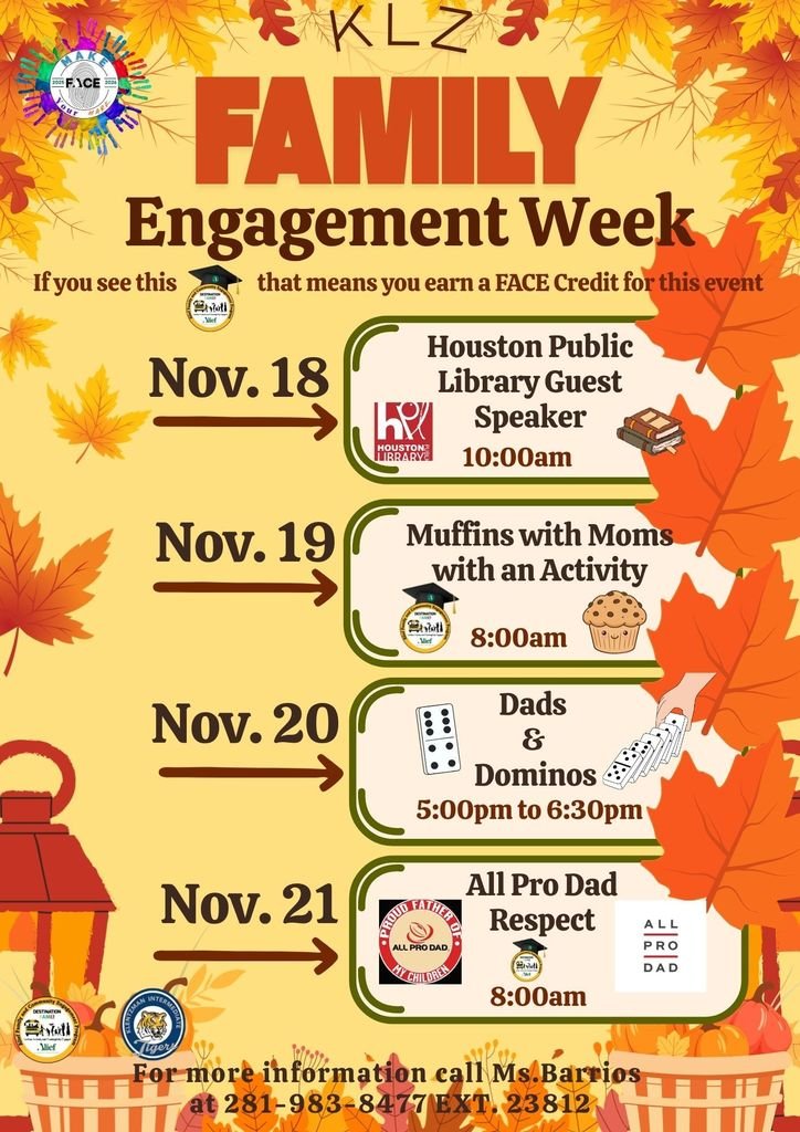KlentzmanTigers's tweet photo. Tiger Families, join us for an exciting week hosted by the @KLZFamilyCenter liaison Ms. Barrios! 🥳🐯😎 https://t.co/POE2vjCYo1