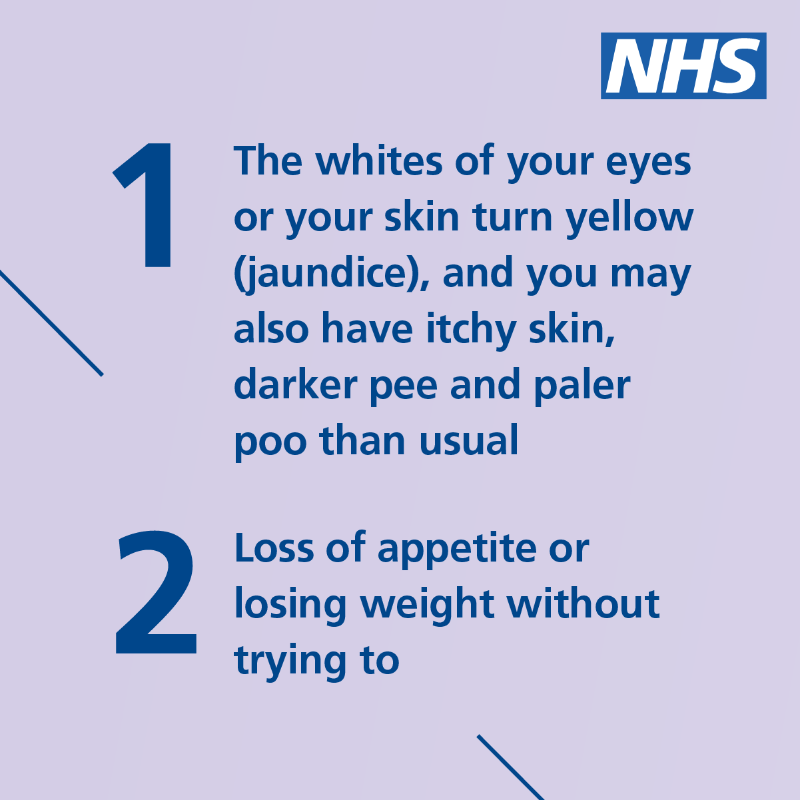 NHSuk's tweet photo. Symptoms of pancreatic cancer are common and can be caused by lots of things.  

It’s important to be checked by a GP if things don’t feel normal for you. If your symptoms are caused by cancer, finding it earlier may make it easier to treat.