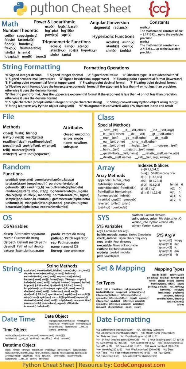 PythonPr's tweet image. Python Cheat Sheet
Source : CodeConquest
