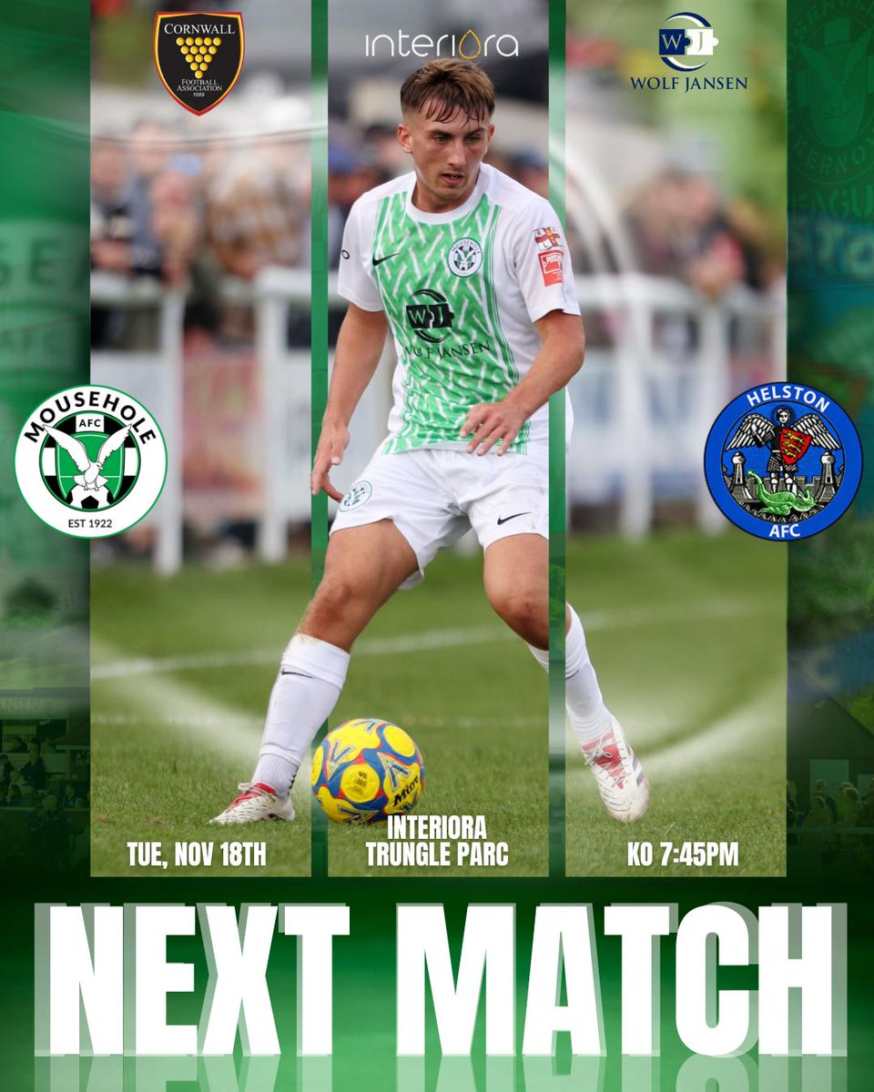 MouseholeAFC's tweet photo. 🟢 Matchday Tomorrow!

We’re back under the lights at Interiora Trungle Parc for our Ward Williams Cornwall Senior Cup clash against @HelstonAFC  — 7.45pm kick-off 💚

We love a proper autumn fixture — you might need your Mousehole bobble hat and scarf for this one .

Tickets (and bobble hats) available online: https://t.co/XItS0SpOmD

After that incredible 4–4 thriller on Saturday, let’s get those pulses racing again! ⚽🔥

Up the Seagulls!