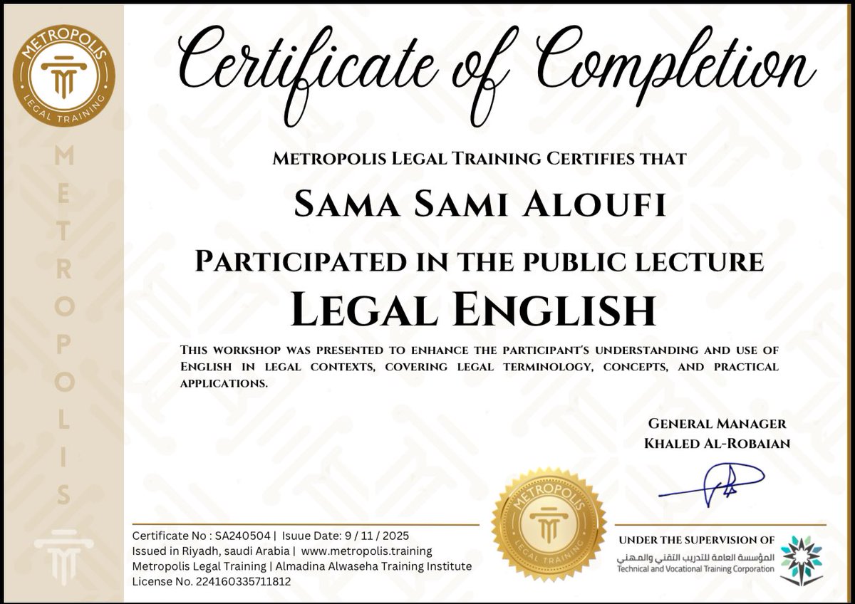 sunnyyyb_'s tweet photo. خطوة جديدة أضيفها لمسيرتي القانونية 
حضرت محاضرة Legal English وطوّرت لغتي القانونية بشكل أكبر.
ممتنّة لكل فرصة تعلّم تفتح لي باب جديد 
واشكر @LawClub @metropolis_law على هذه الفرصة الرائعة 🤍 https://t.co/WfumGLO3DF