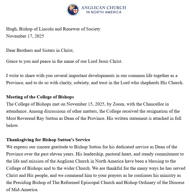News from the ACNA: Abp. Steve Wood has been inhibited, and Bp. Sutton has resigned as Dean of the Province (though remains the Presiding Bishop of the REC and the ordinary of the Diocese of Mid-America). 🧵