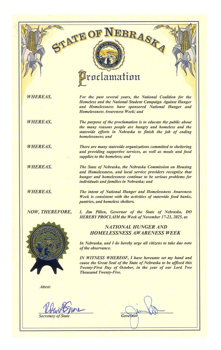DevelopNebraska's tweet image. .@TeamPillen has proclaimed November 17-23 as National Hunger and Homelessness Awareness Week in Nebraska. During this week, groups come together across the country to draw attention to the problems of hunger and homelessness—and to highlight work being done to address them.