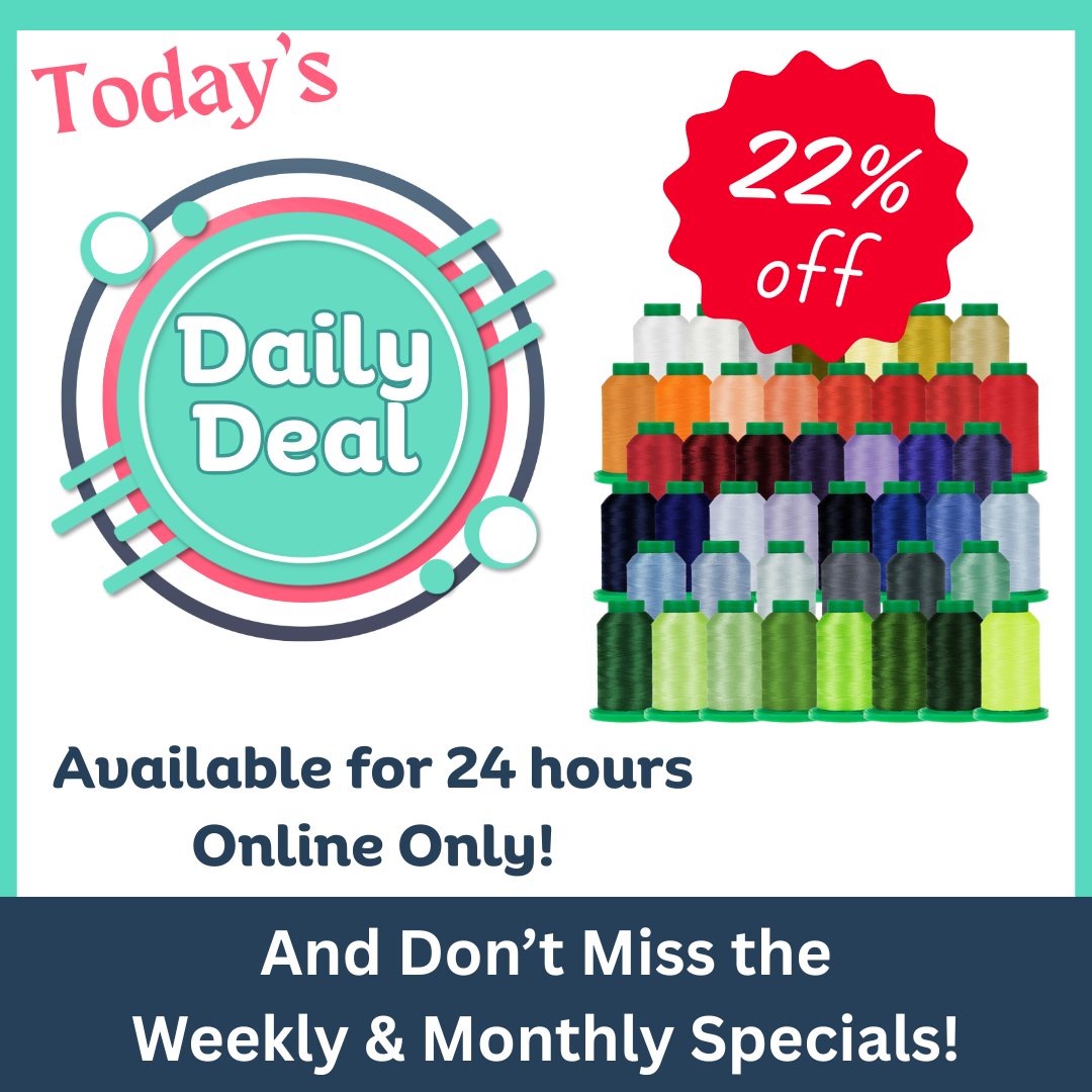 35thAvenueSew's tweet photo. Time to stock your thread box - Today's Daily Deal is on Isacord Thread!  Save 22% Off Spools &amp; Kits, online only.

https://t.co/5B5ni2xKsv

#embroidery #embroiderers #embroiderythread #dailydeals #threadsale #isacord #isacordthread https://t.co/XA2nbvL1IG