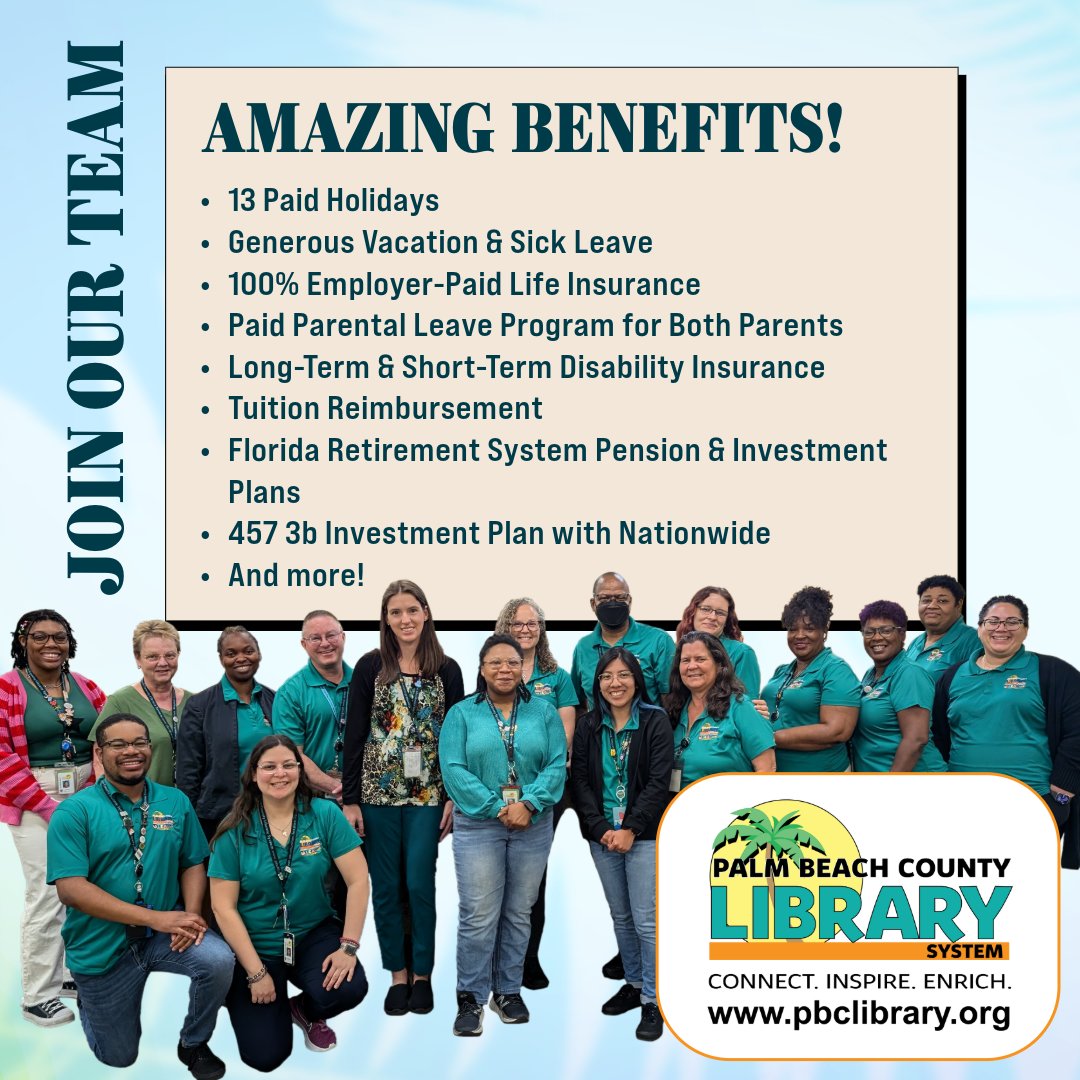 pbclibrary's tweet image. Ready to launch your career? Check out our opportunities and apply today! We have many great benefits, including health insurance, tuition reimbursement, Florida Retirement System &amp;amp; more!

✨ Start your journey with us at tinyurl.com/pbclsJobs

#employment #pbclibrary