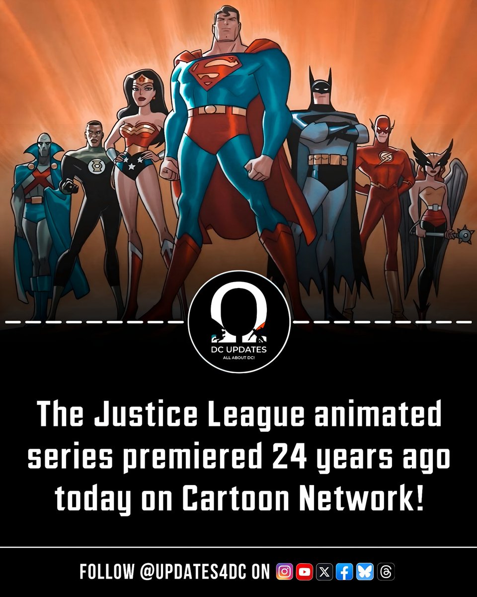 Updates4DC's tweet image. The Justice League animated series premiered 24 years ago today on Cartoon Network — a landmark moment that helped define a generation of DC fans.

#JusticeLeague  #CartoonNetwork #DCAnimation