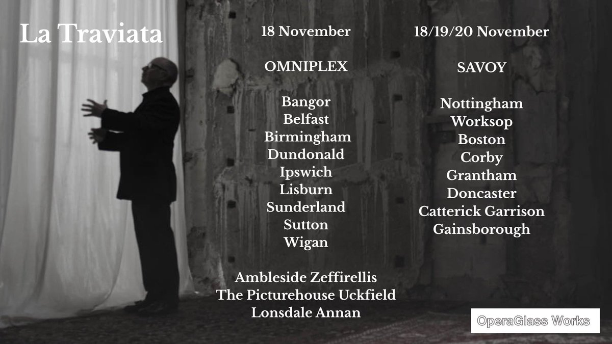 OperaglassWorks's tweet image. Our beautiful film of La Traviata will be playing at 36 cinemas across the UK and Northern Ireland this week.

Created for the big screen, our version of La Traviata takes one of the repertoire’s most famous and best-loved works out of the great opera houses and into a new light.